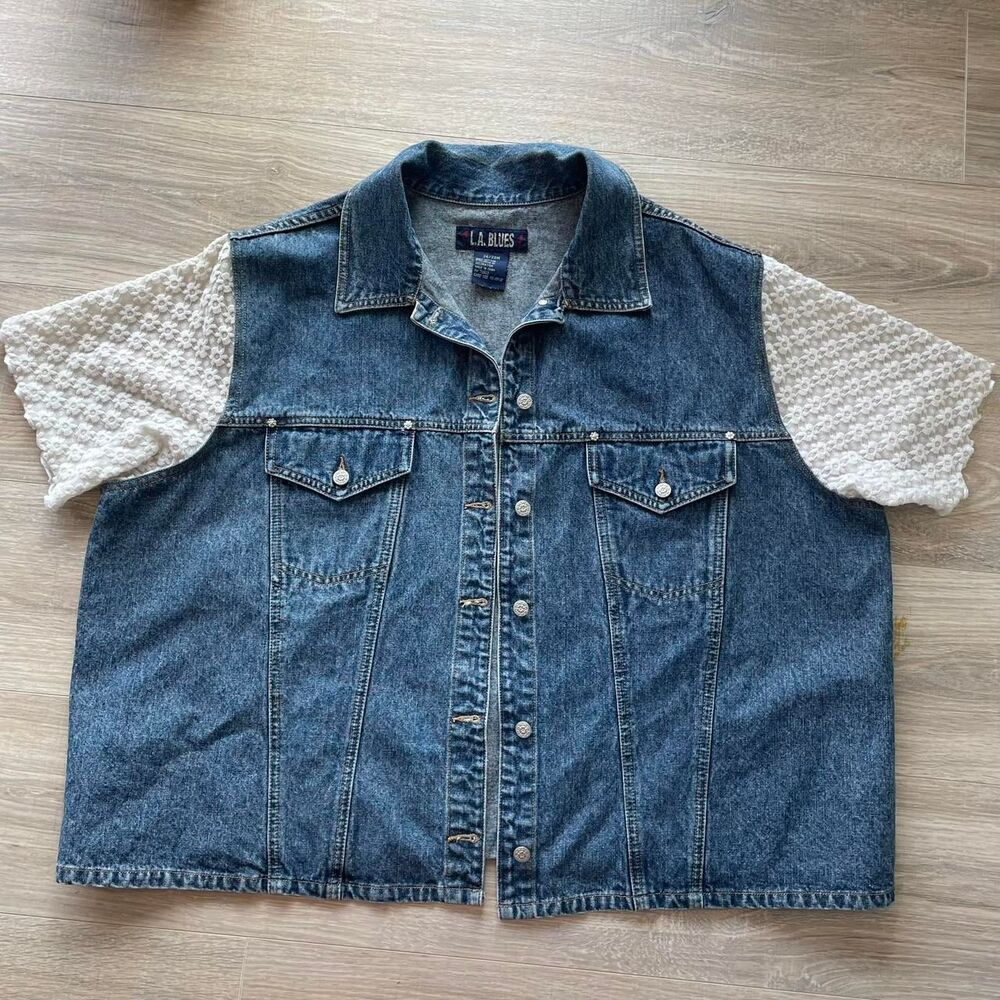 Vintage 90s Denim Button Up with White Textured Sleeves Retro Cottage Biker Chic